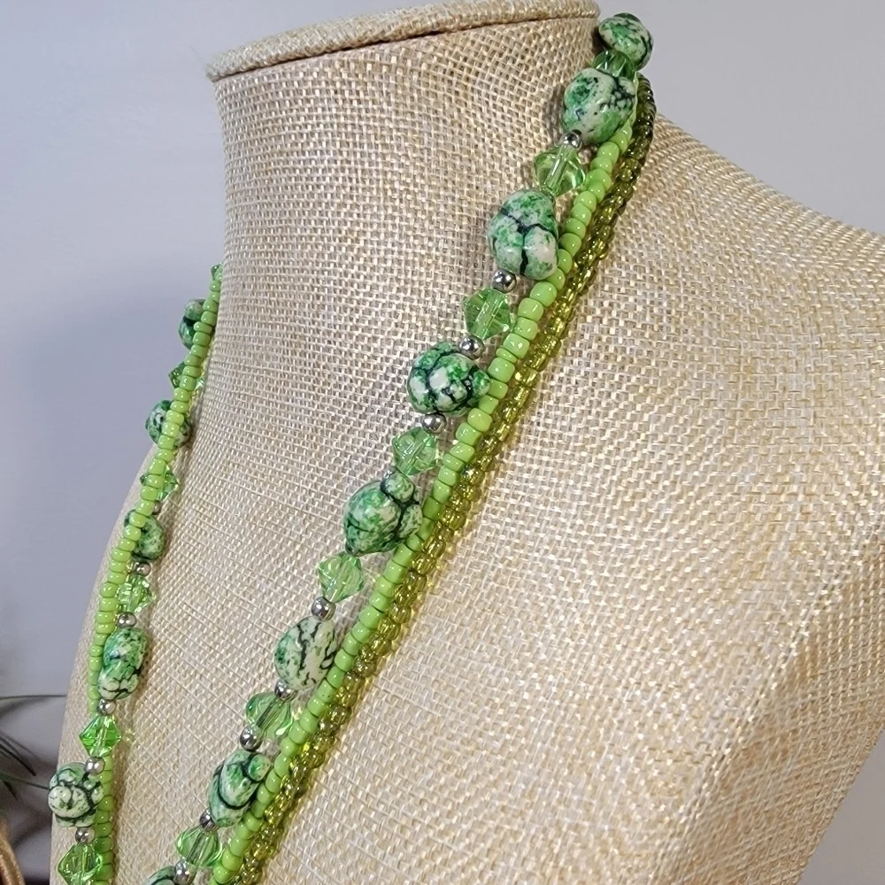 Triple strand Green Stone and Bead Statement Necklace With Tassel